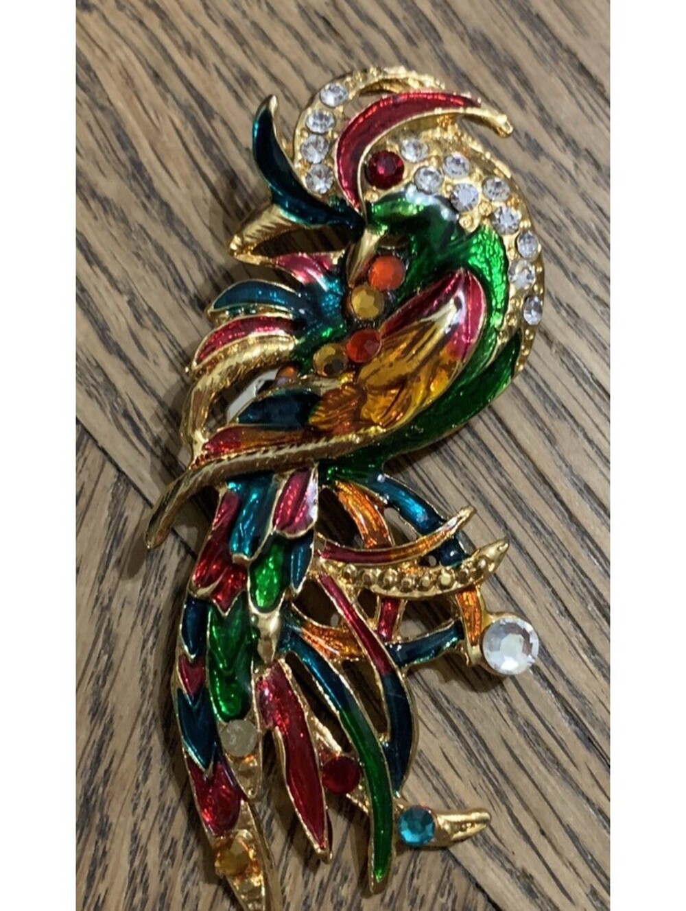 VTG Gold Tone Enamel And Rhinestone Large Bird Of Paradise Brooch Pin Colorful